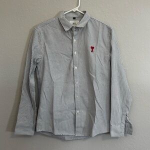 Ami Gray and White Striped Casual Shirt